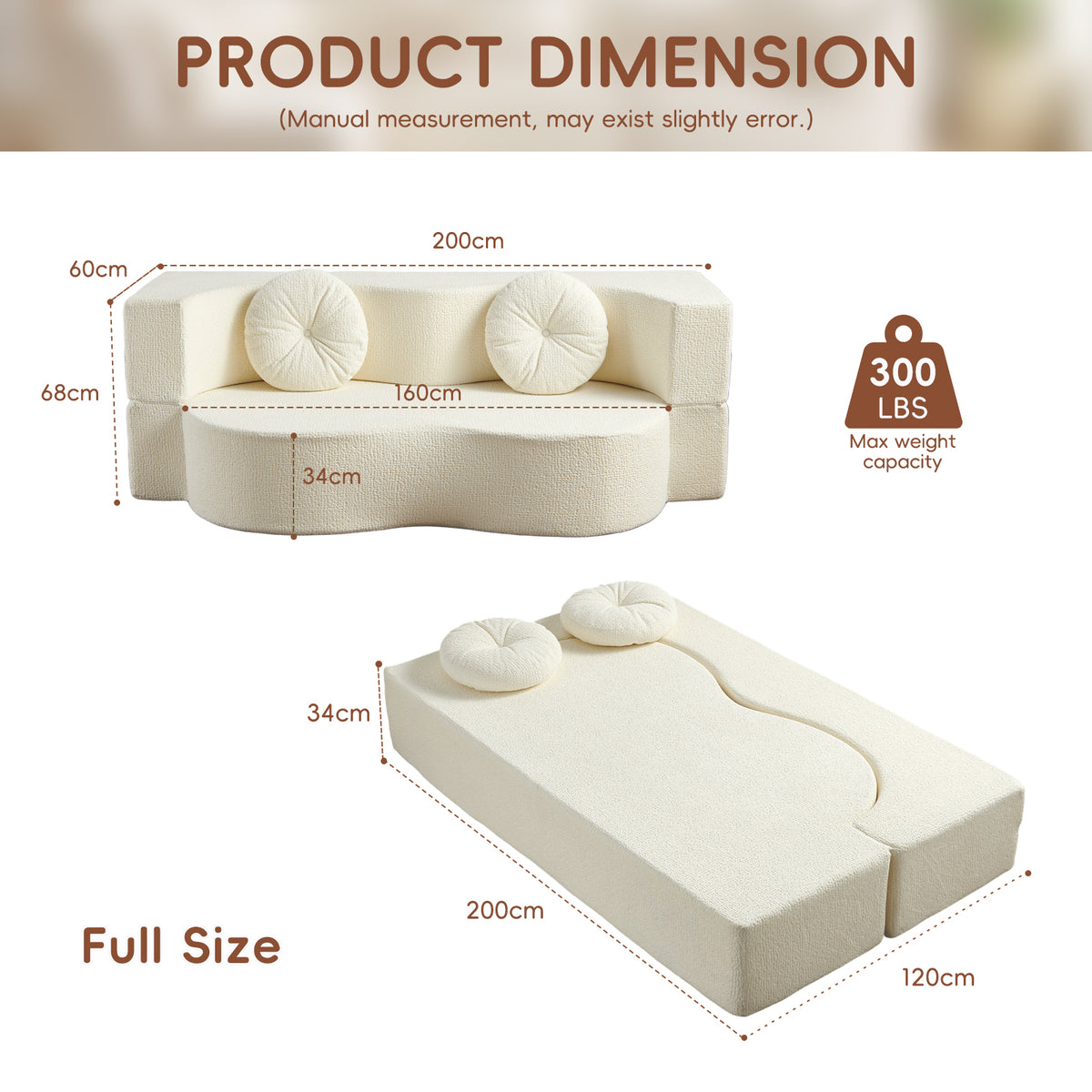2-in-1 Convertible Sofa Bed, Folding 2 Seater Cotton Velvet Sofa with Pillow, No Assembly Fabric Couch for Living Room, Bedroom & Apartment