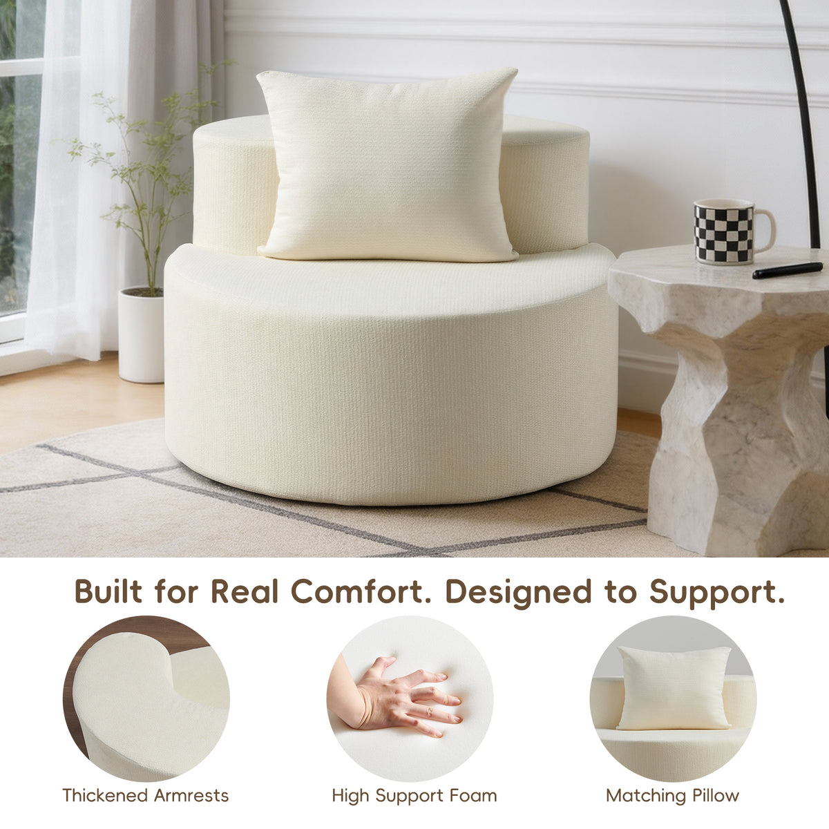 Modern Round Chaise Lounge Chair, Upholstered Chenille Deep Seat, Single Floor Sofa for Living Room and Bedroom