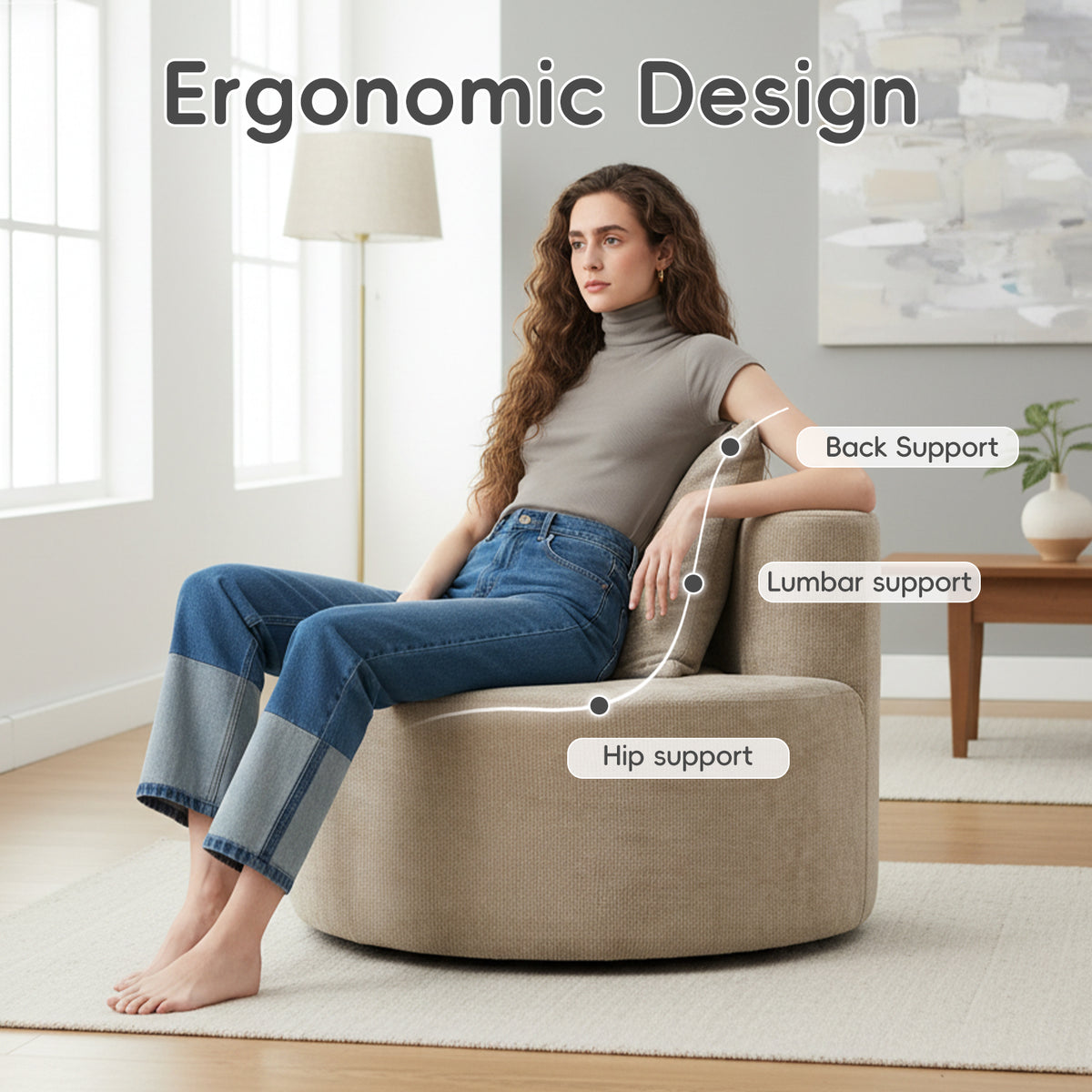 Modern Round Chaise Lounge Chair, Upholstered Chenille Deep Seat, Single Floor Sofa for Living Room and Bedroom
