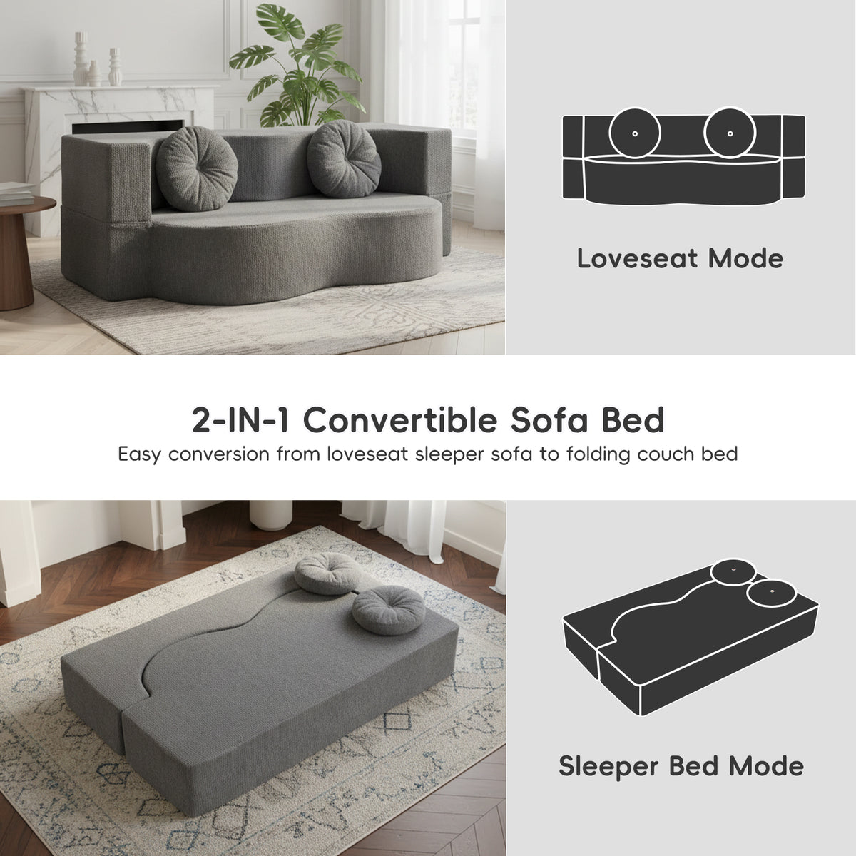 2-in-1 Convertible Sofa Bed, Folding 2 Seater Cotton Velvet Sofa with Pillow, No Assembly Fabric Couch for Living Room, Bedroom & Apartment
