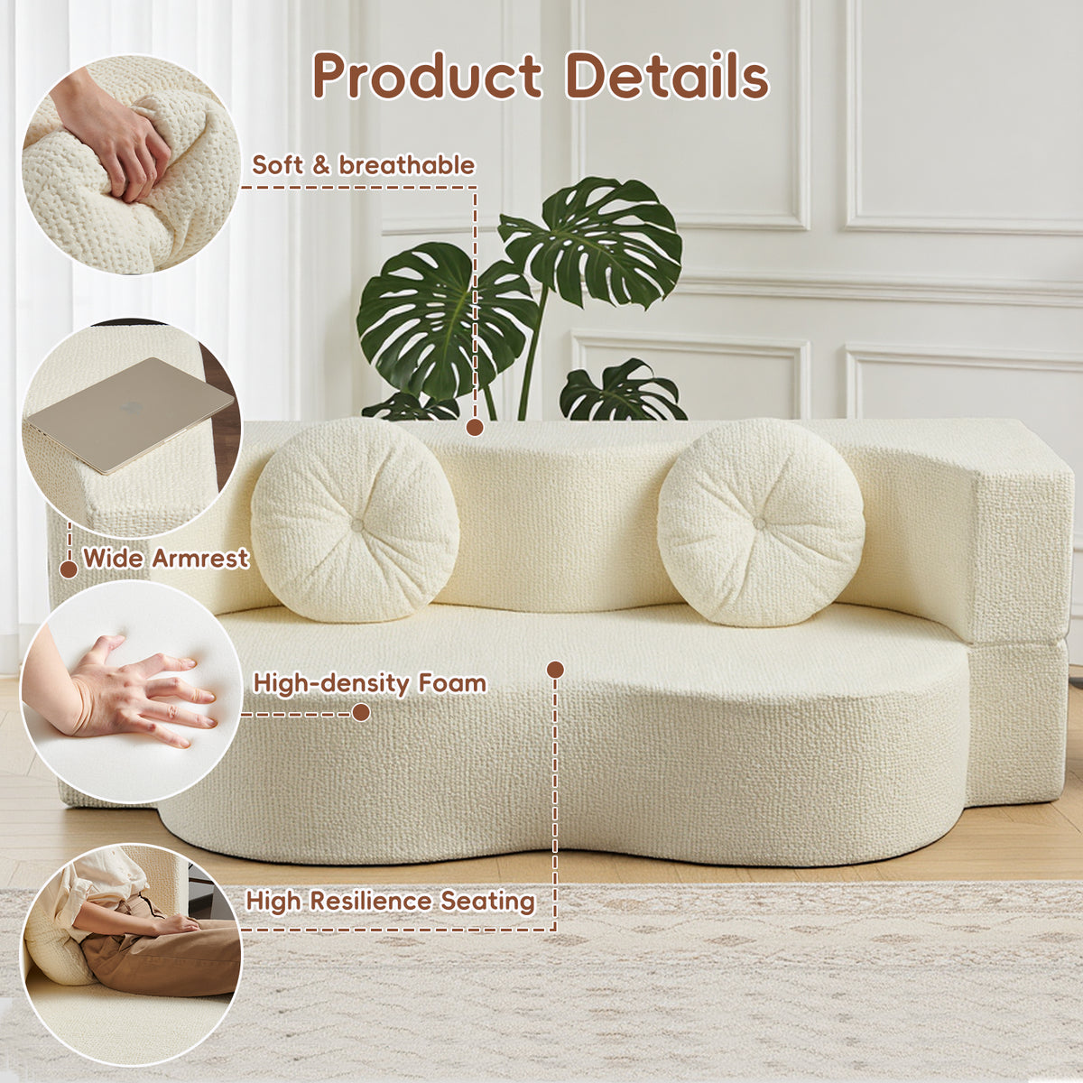 2-in-1 Convertible Sofa Bed, Folding 2 Seater Cotton Velvet Sofa with Pillow, No Assembly Fabric Couch for Living Room, Bedroom & Apartment