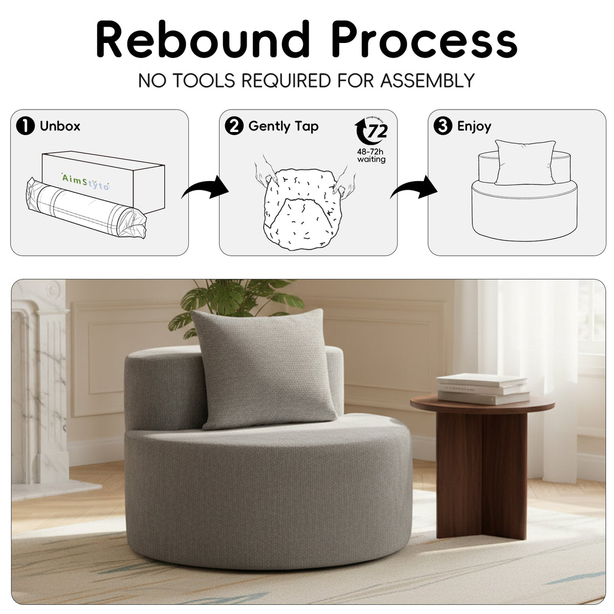 Modern Round Chaise Lounge Chair, Upholstered Chenille Deep Seat, Single Floor Sofa for Living Room and Bedroom