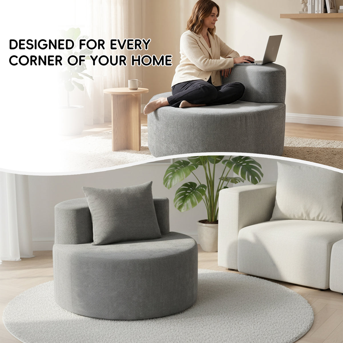 Modern Round Chaise Lounge Chair, Upholstered Chenille Deep Seat, Single Floor Sofa for Living Room and Bedroom