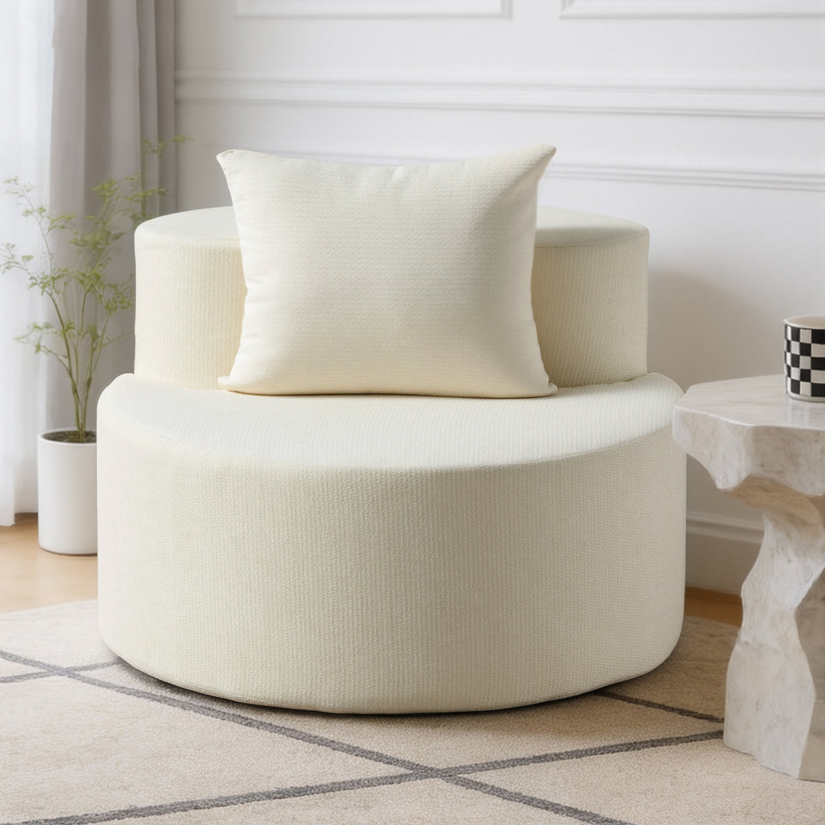 Modern Round Chaise Lounge Chair, Upholstered Chenille Deep Seat, Single Floor Sofa for Living Room and Bedroom