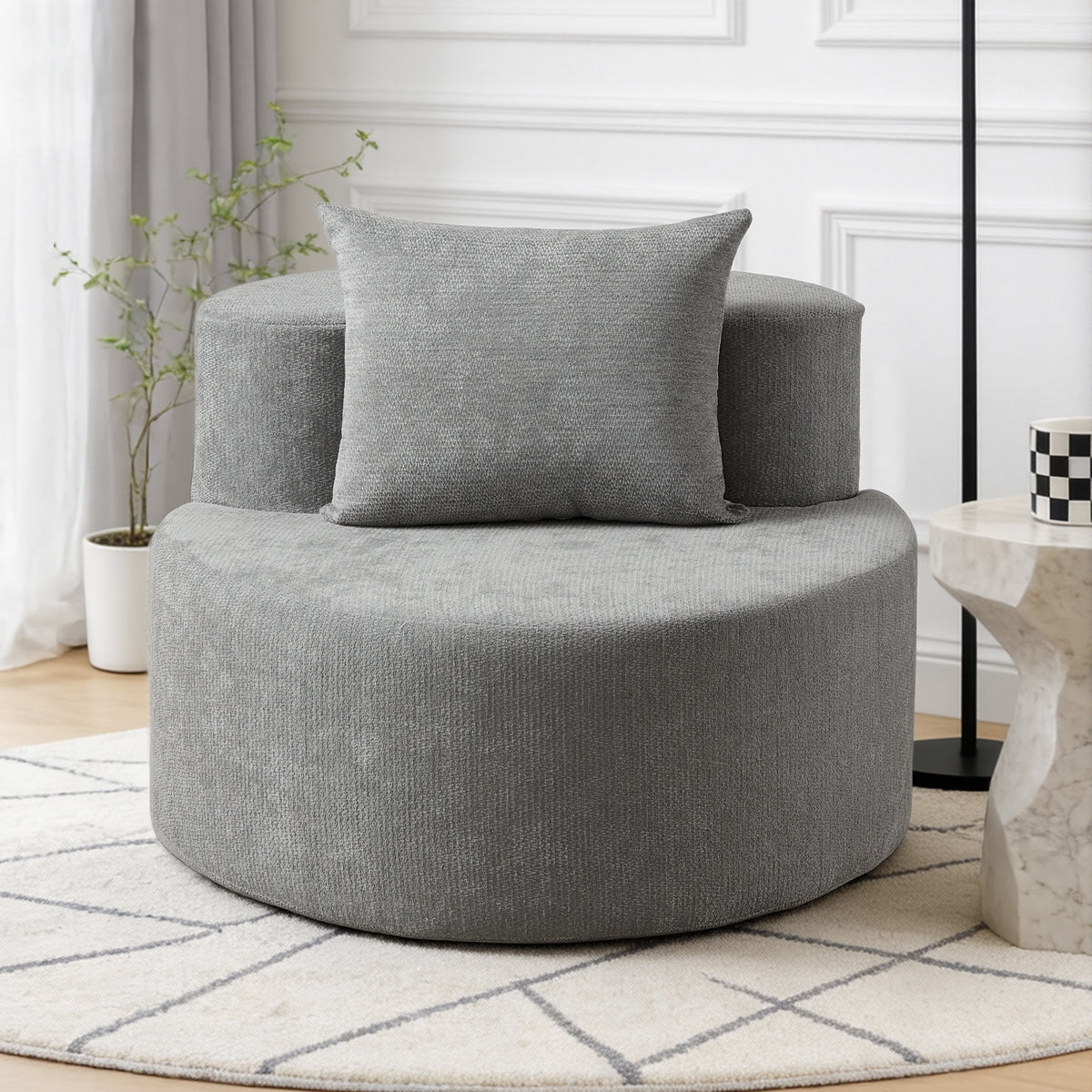 Modern Round Chaise Lounge Chair, Upholstered Chenille Deep Seat, Single Floor Sofa for Living Room and Bedroom