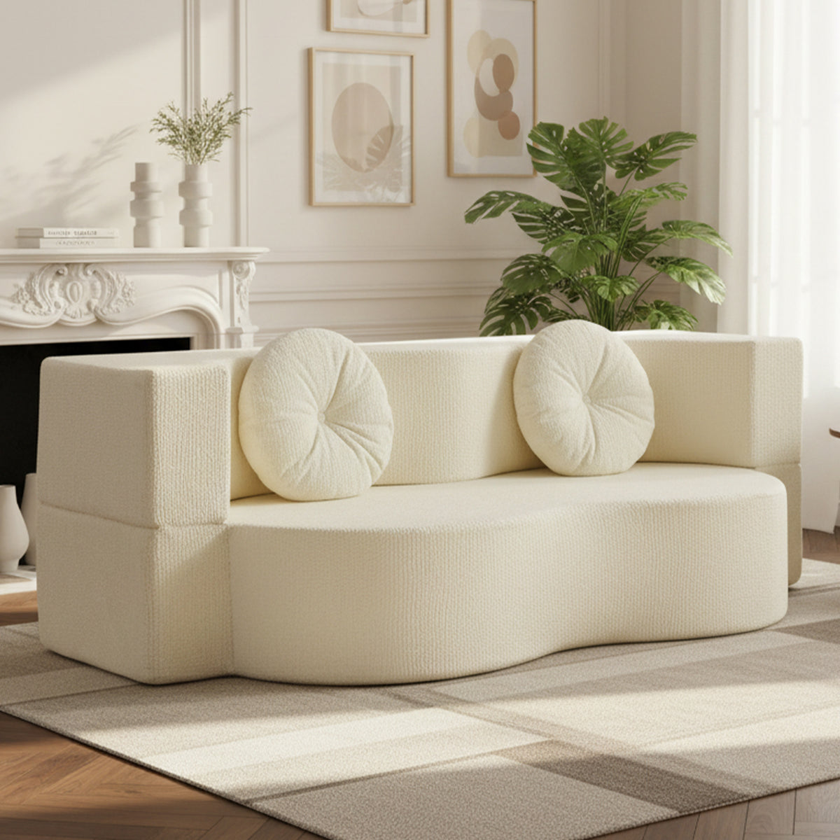 2-in-1 Convertible Sofa Bed, Folding 2 Seater Cotton Velvet Sofa with Pillow, No Assembly Fabric Couch for Living Room, Bedroom & Apartment