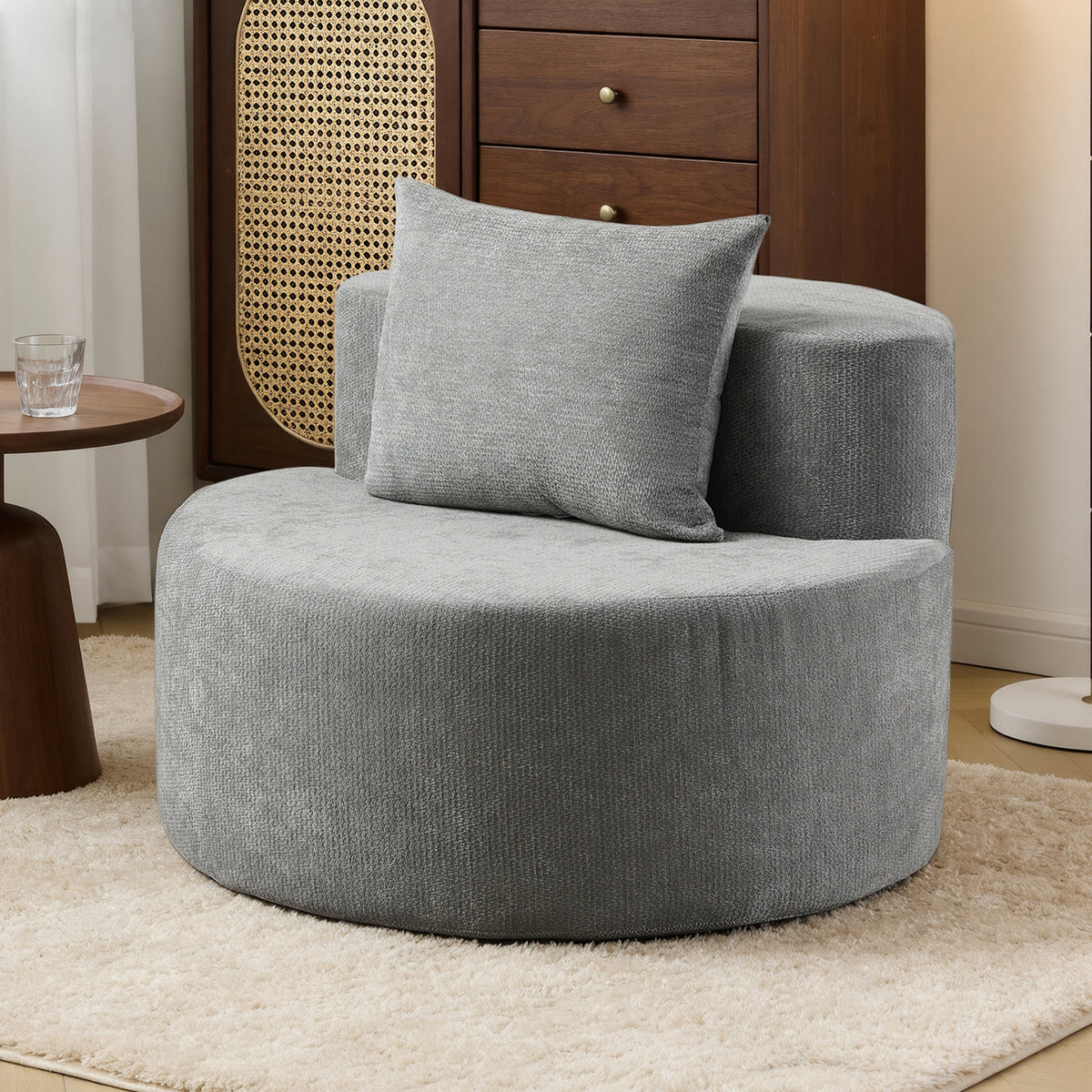 Modern Round Chaise Lounge Chair, Upholstered Chenille Deep Seat, Single Floor Sofa for Living Room and Bedroom