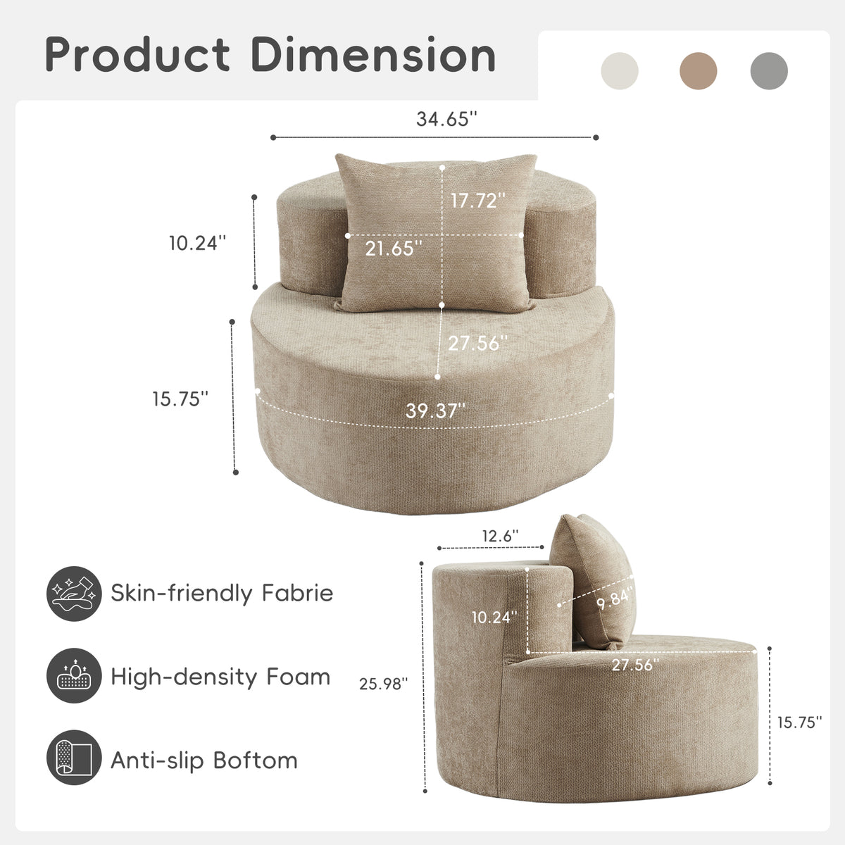 Modern Round Chaise Lounge Chair, Upholstered Chenille Deep Seat, Single Floor Sofa for Living Room and Bedroom