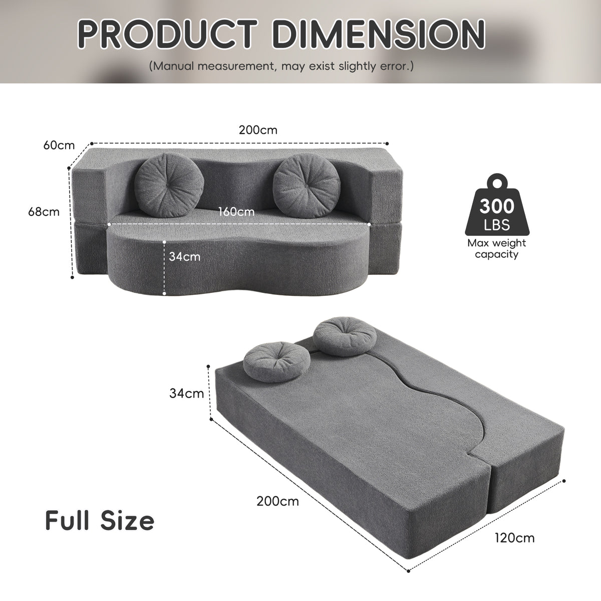 2-in-1 Convertible Sofa Bed, Folding 2 Seater Cotton Velvet Sofa with Pillow, No Assembly Fabric Couch for Living Room, Bedroom & Apartment