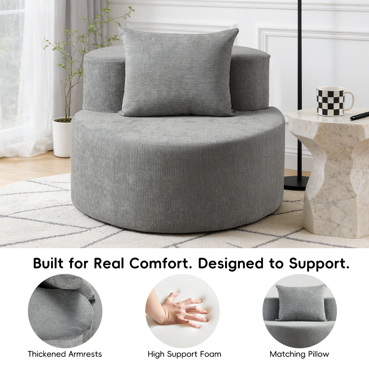 Modern Round Chaise Lounge Chair, Upholstered Chenille Deep Seat, Single Floor Sofa for Living Room and Bedroom
