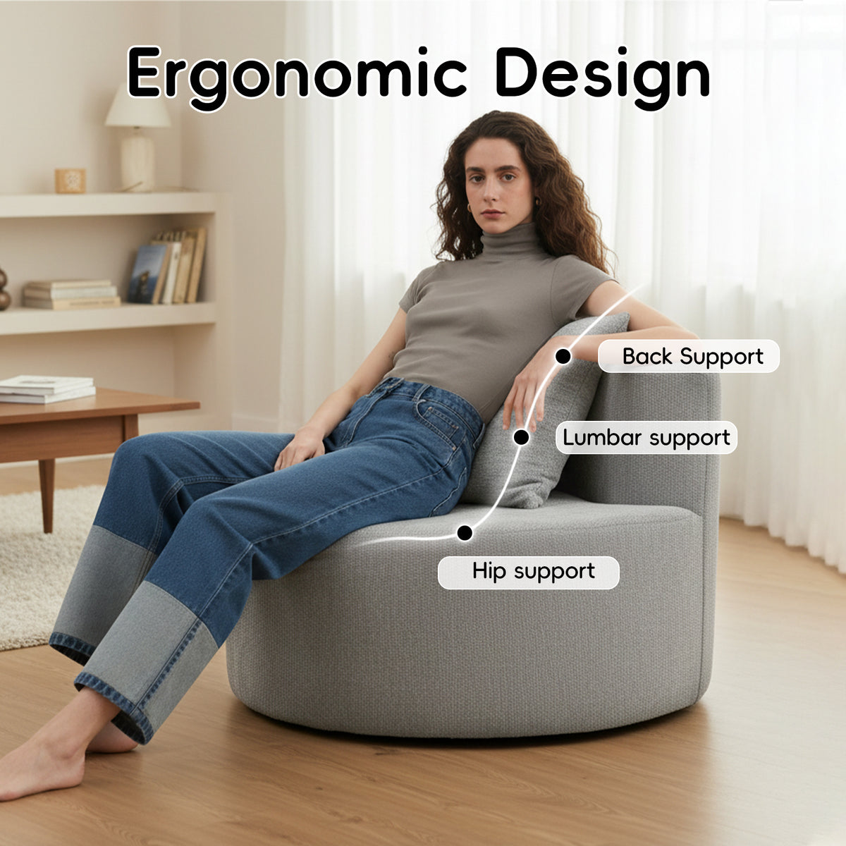 Modern Round Chaise Lounge Chair, Upholstered Chenille Deep Seat, Single Floor Sofa for Living Room and Bedroom