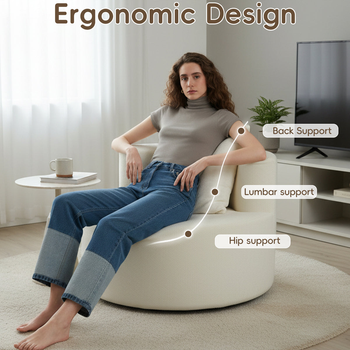 Modern Round Chaise Lounge Chair, Upholstered Chenille Deep Seat, Single Floor Sofa for Living Room and Bedroom