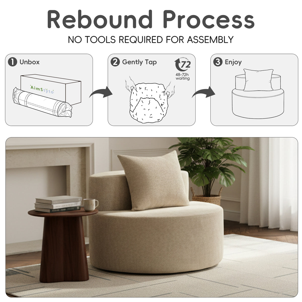 Modern Round Chaise Lounge Chair, Upholstered Chenille Deep Seat, Single Floor Sofa for Living Room and Bedroom