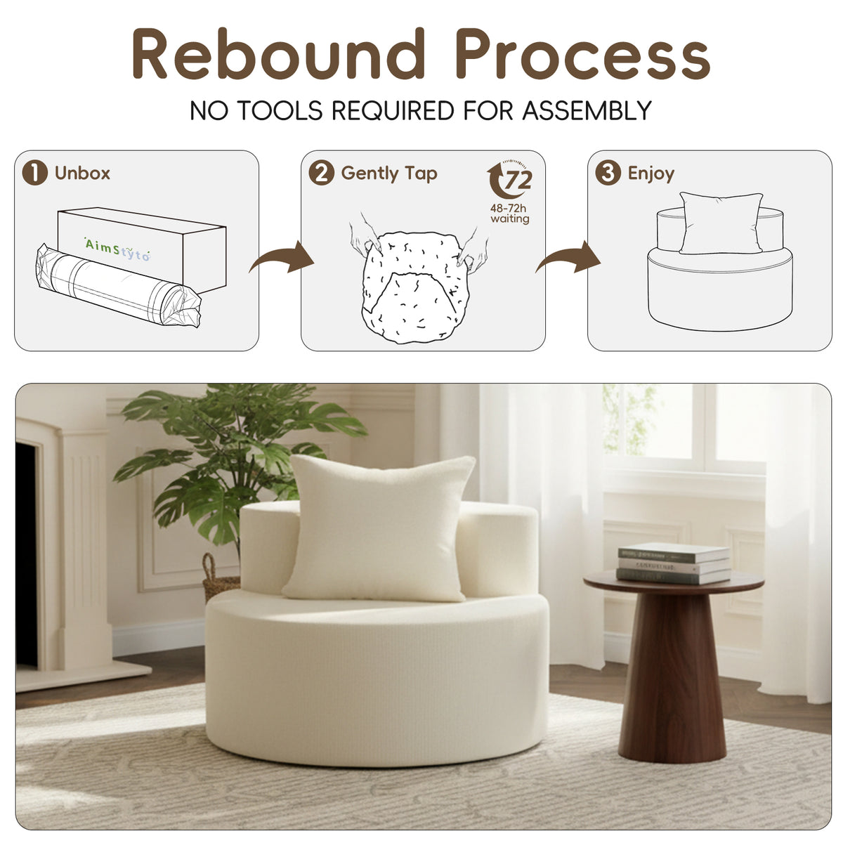 Modern Round Chaise Lounge Chair, Upholstered Chenille Deep Seat, Single Floor Sofa for Living Room and Bedroom