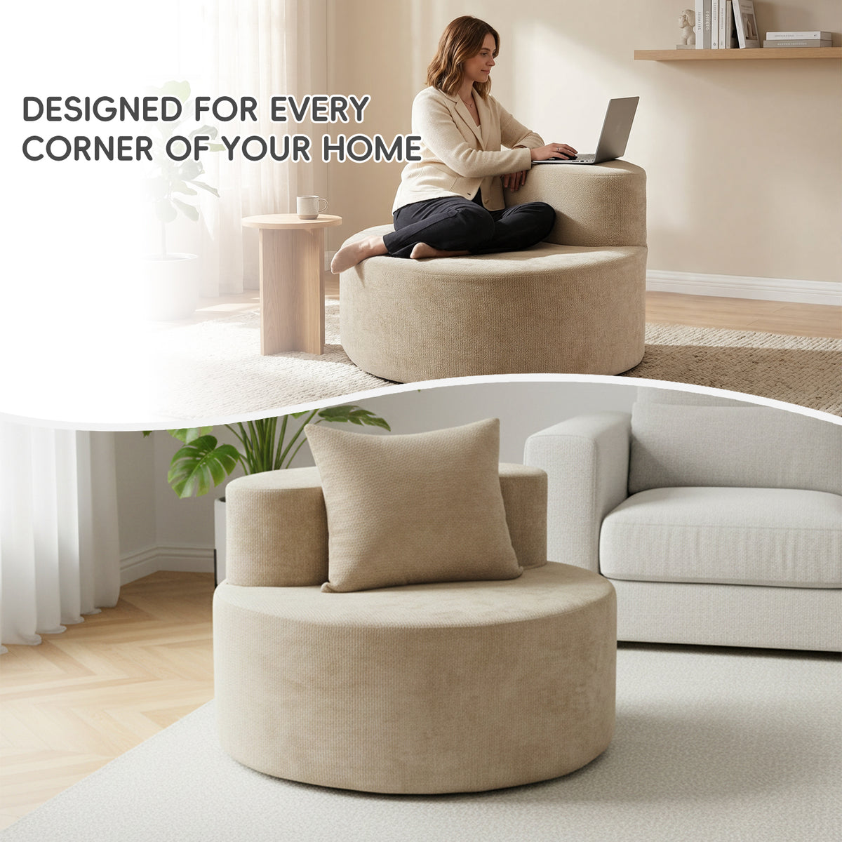 Modern Round Chaise Lounge Chair, Upholstered Chenille Deep Seat, Single Floor Sofa for Living Room and Bedroom